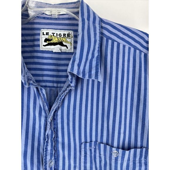 Vintage LE TIGRE Men's 2X‎ Short Sleeve Blue Striped Button Down Shirt Made USA - Picture 1 of 8